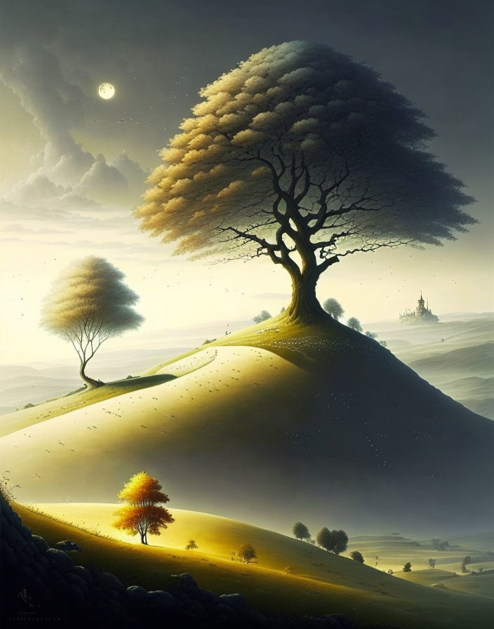 Surreal landscape painting with moonlit sky and rolling hills