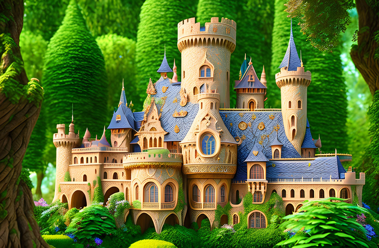 Enchanting fairytale castle in lush forest with ornate towers