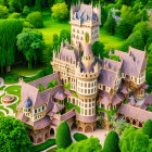 Colorful fairy tale castle illustration in whimsical garden with unique green trees