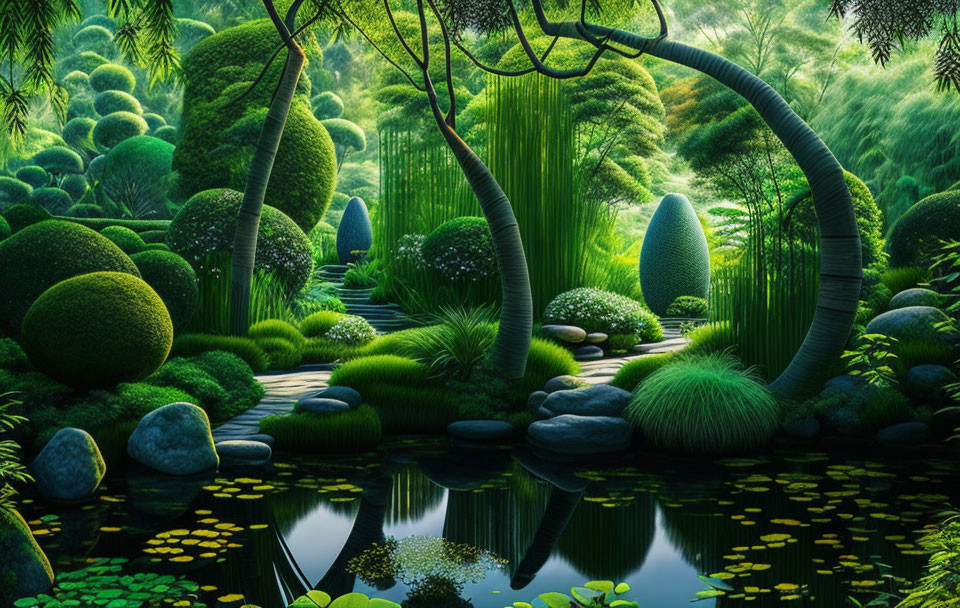Tranquil fantasy garden with lush green foliage, serene pond, and mystical path