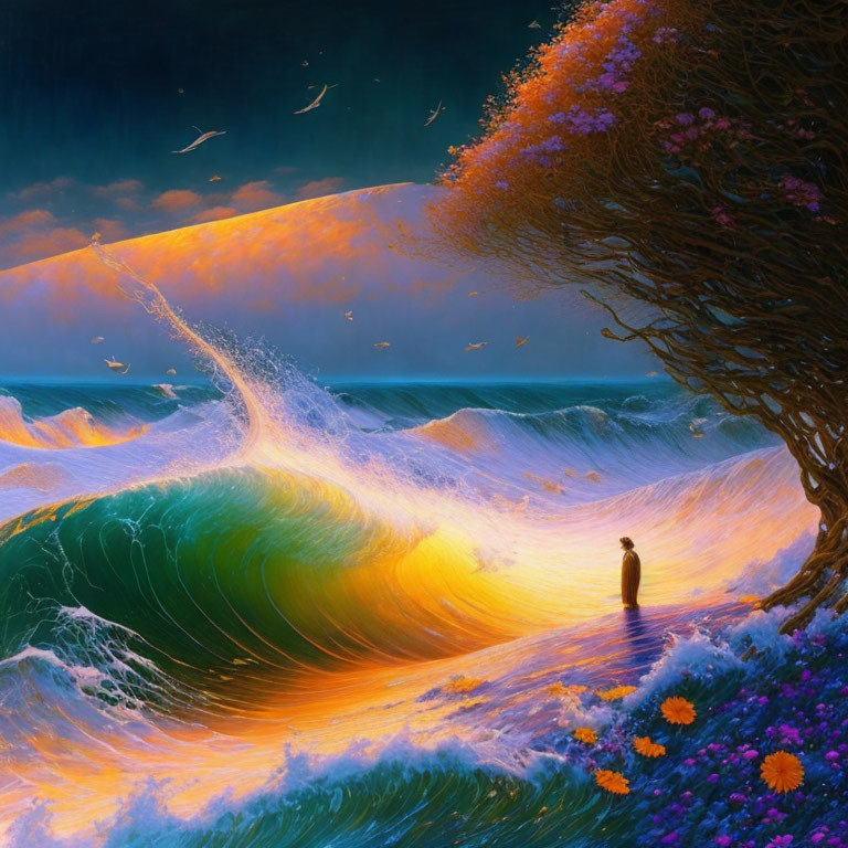 Person by Tree with Purple Blooms Watching Glowing Waves at Sunset