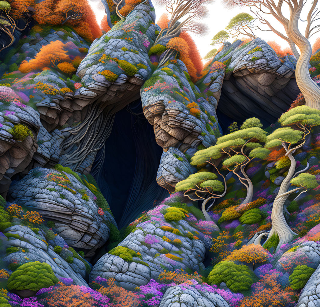 Colorful Fantasy Landscape with Mossy Rock Formations and Mysterious Cavern Entrance