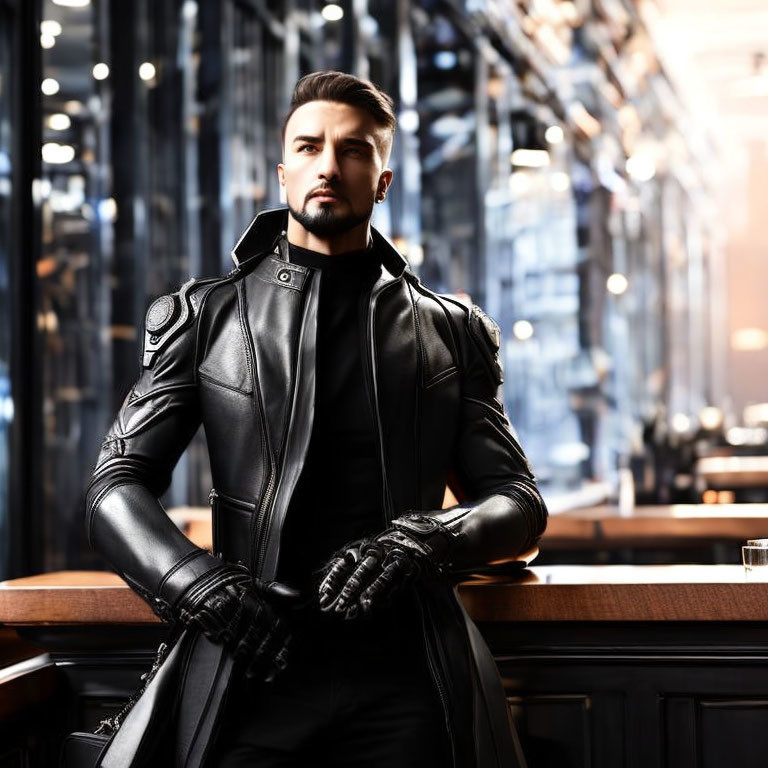 Stylish man in black leather jacket and gloves in modern hallway