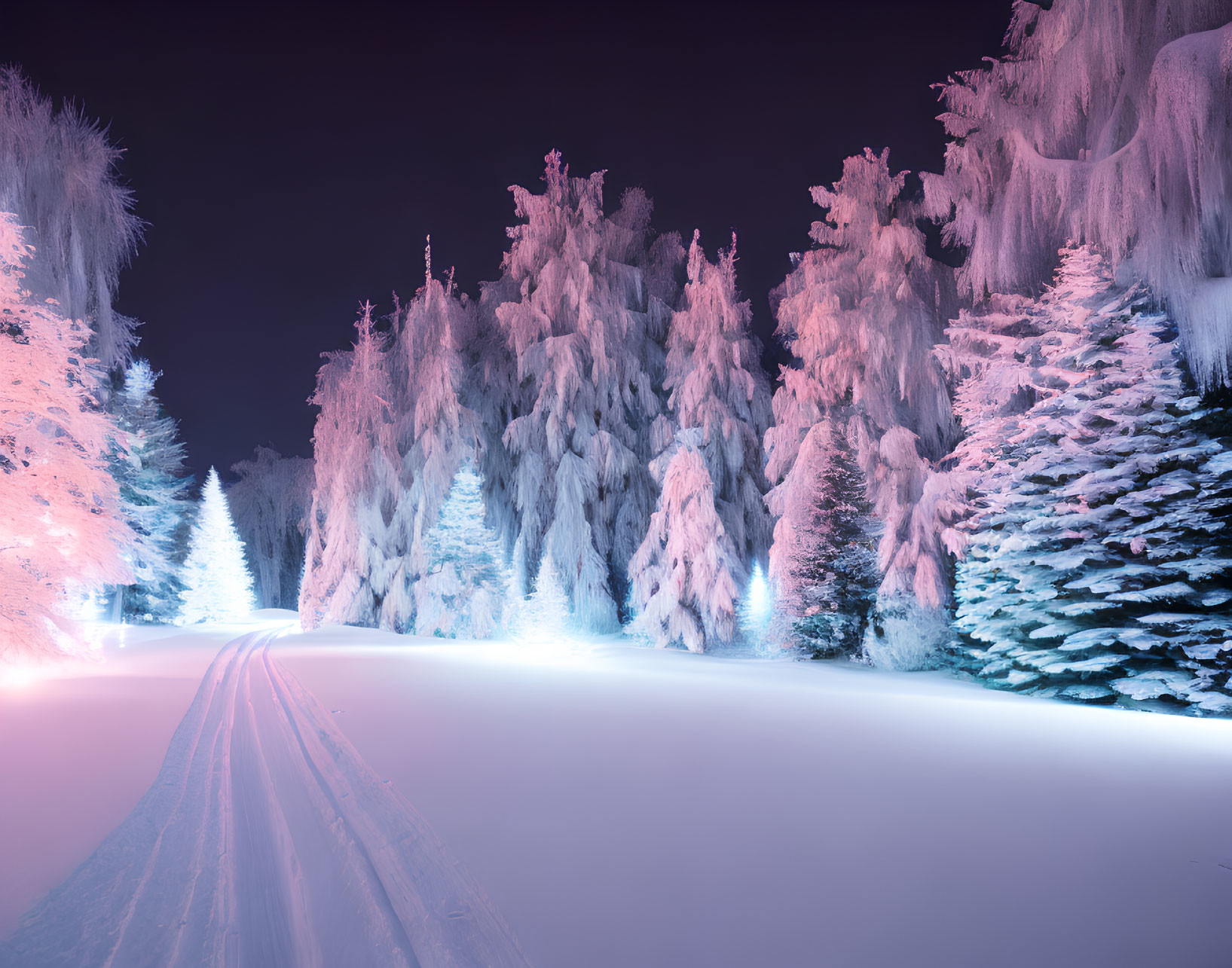 Snowy Trees and Blue-Lit Path in Tranquil Winter Night