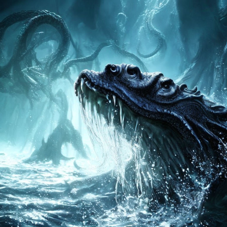 Menacing crocodile in aqua-blue waters with lurking tentacles.