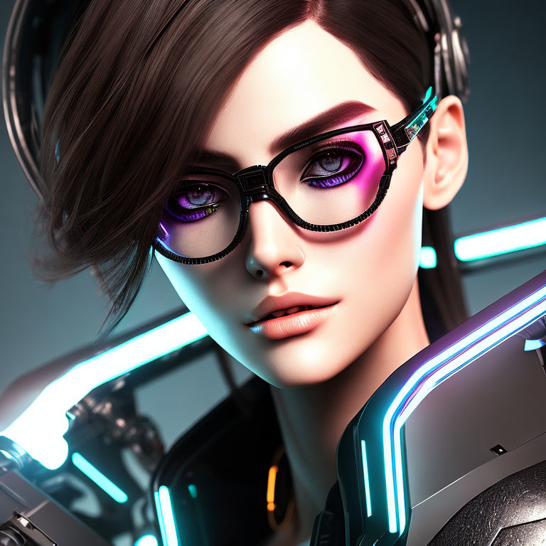 Digital artwork: Woman with brown hair, purple-lit glasses, headphones, & neon-lit armor