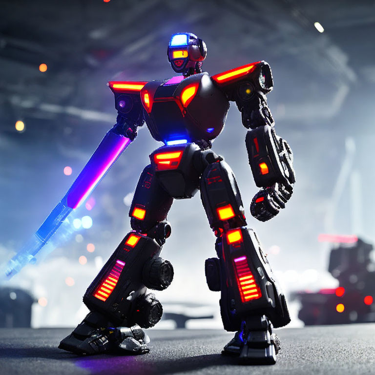 Futuristic robot with red accents and blue glowing sword in dramatic setting