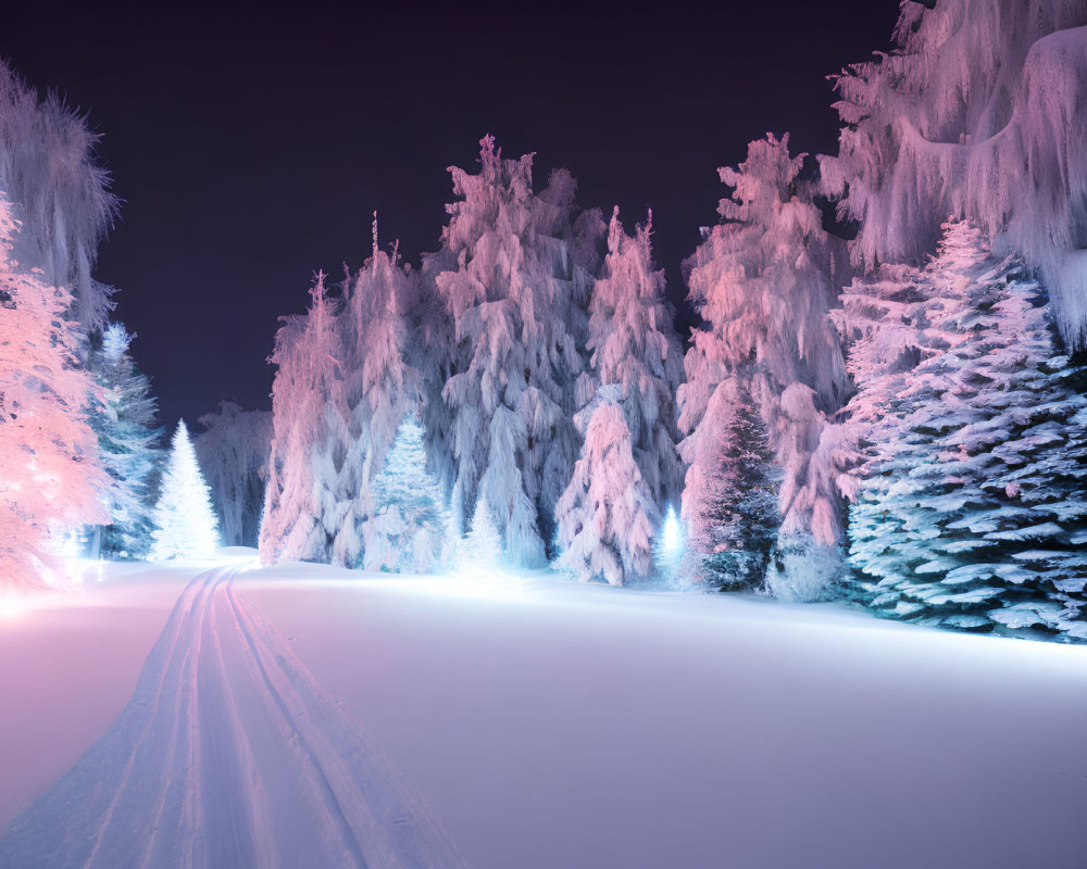 Snowy Trees and Blue-Lit Path in Tranquil Winter Night