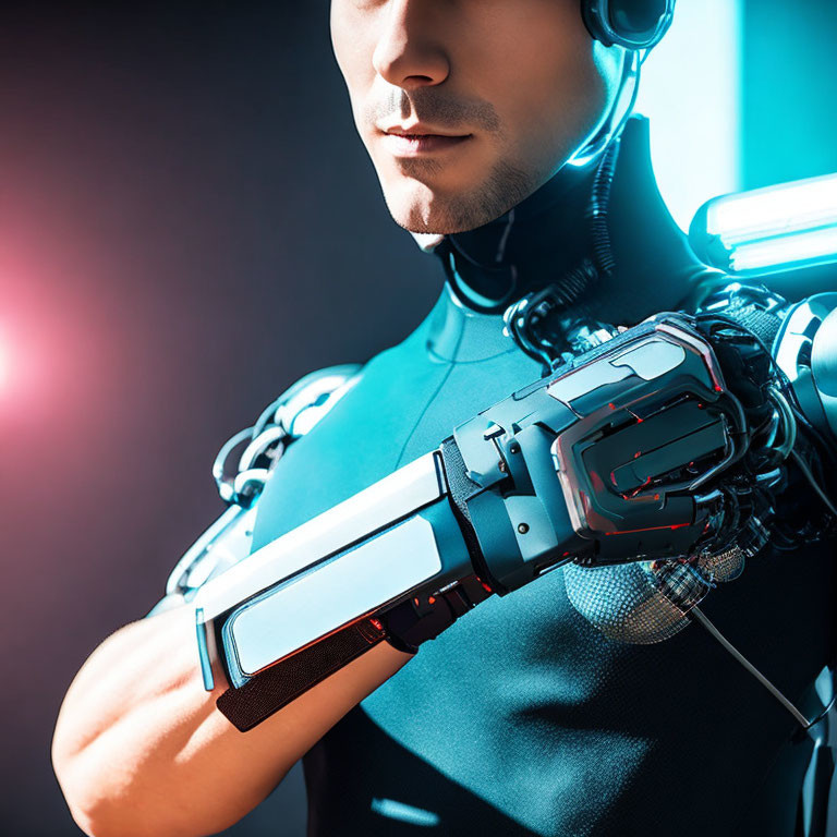 Sophisticated humanoid robot with mechanical arm and headset on gradient background