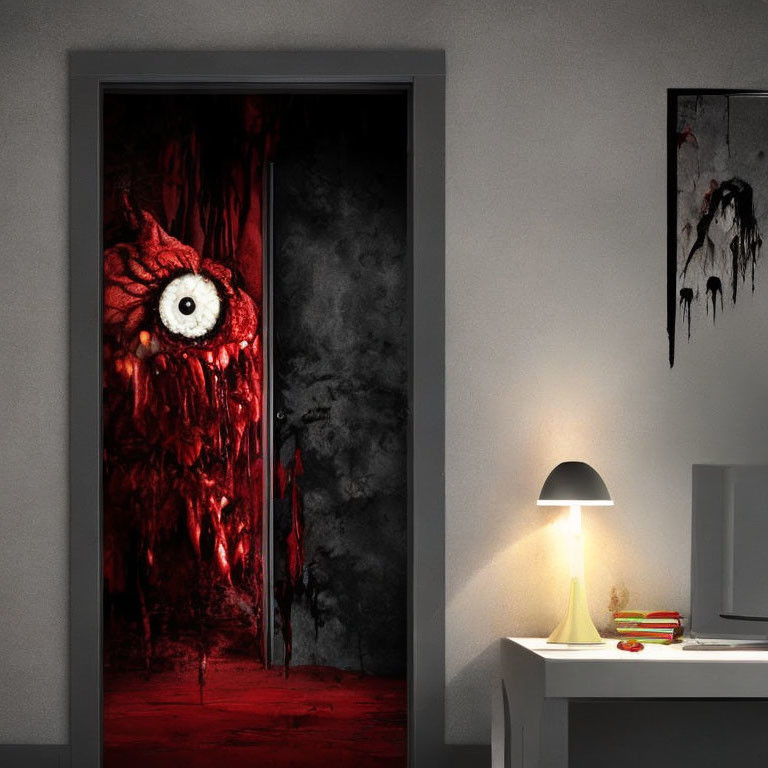 Dark room with desk, lamp, monstrous eye through bloodied door