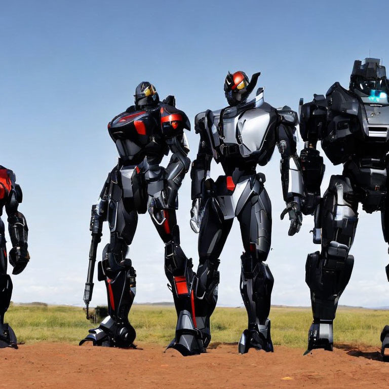 Three humanoid robots in desert landscape under blue sky