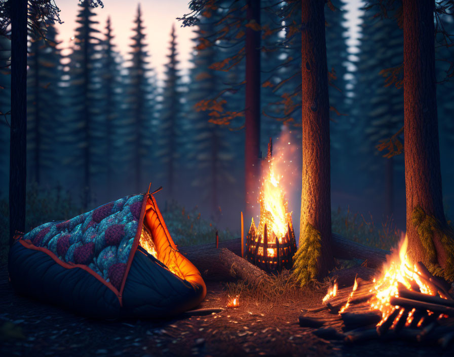Campsite with campfire, sleeping bag, stars, and pine forest