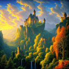 Majestic castle on green hill with waterfall and autumn trees