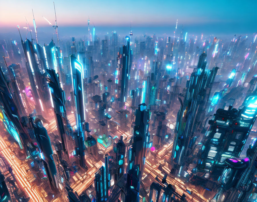 Futuristic cityscape at dusk: neon-lit skyscrapers, busy traffic, blue-p