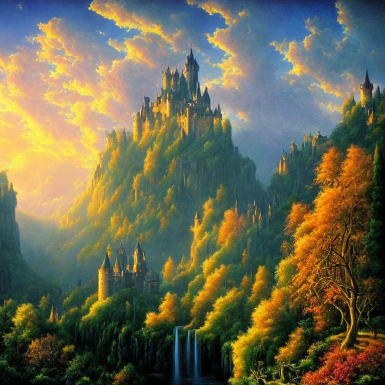 Majestic castle on green hill with waterfall and autumn trees
