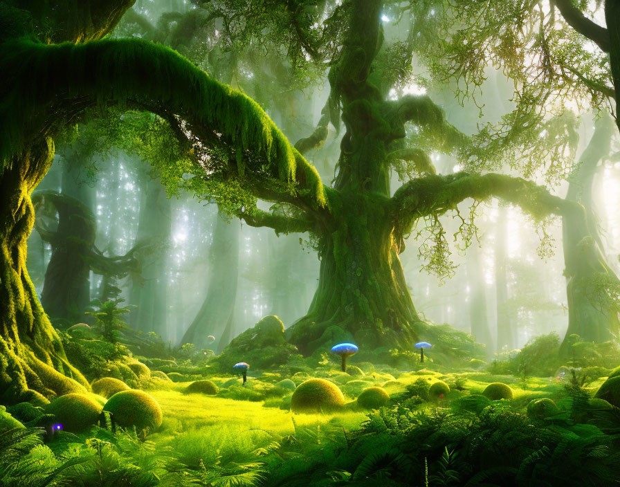 Moss-Covered Trees and Glowing Mushrooms in Enchanting Forest