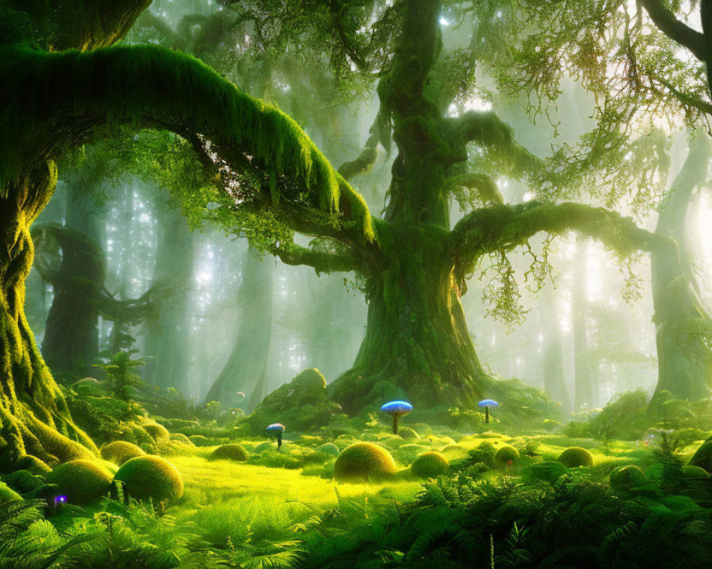 Moss-Covered Trees and Glowing Mushrooms in Enchanting Forest