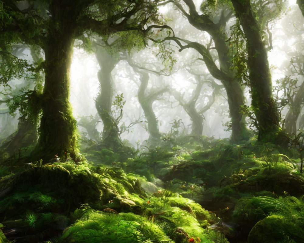 Mystical forest with sunlight, vibrant moss, ancient trees