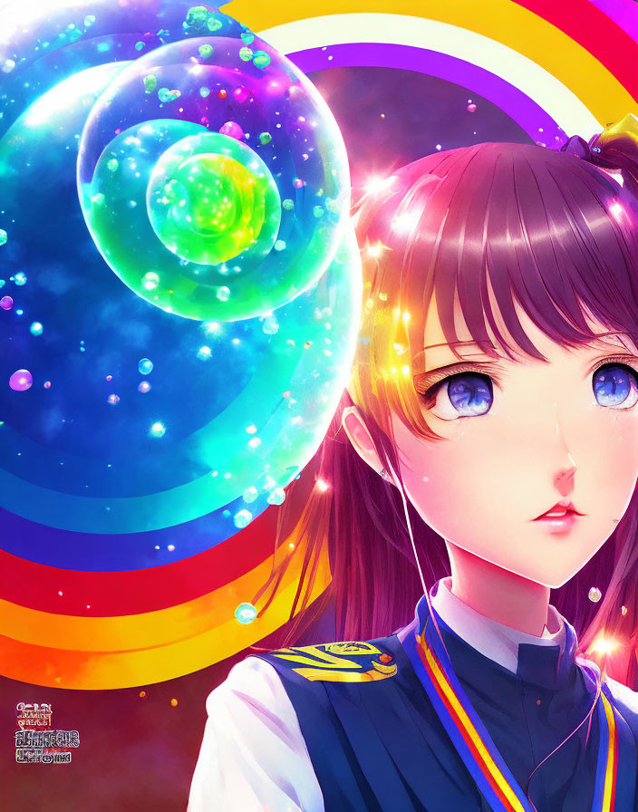 Colorful Anime-Style Illustration: Girl with Brown Hair and Blue Eyes in Galaxy Background
