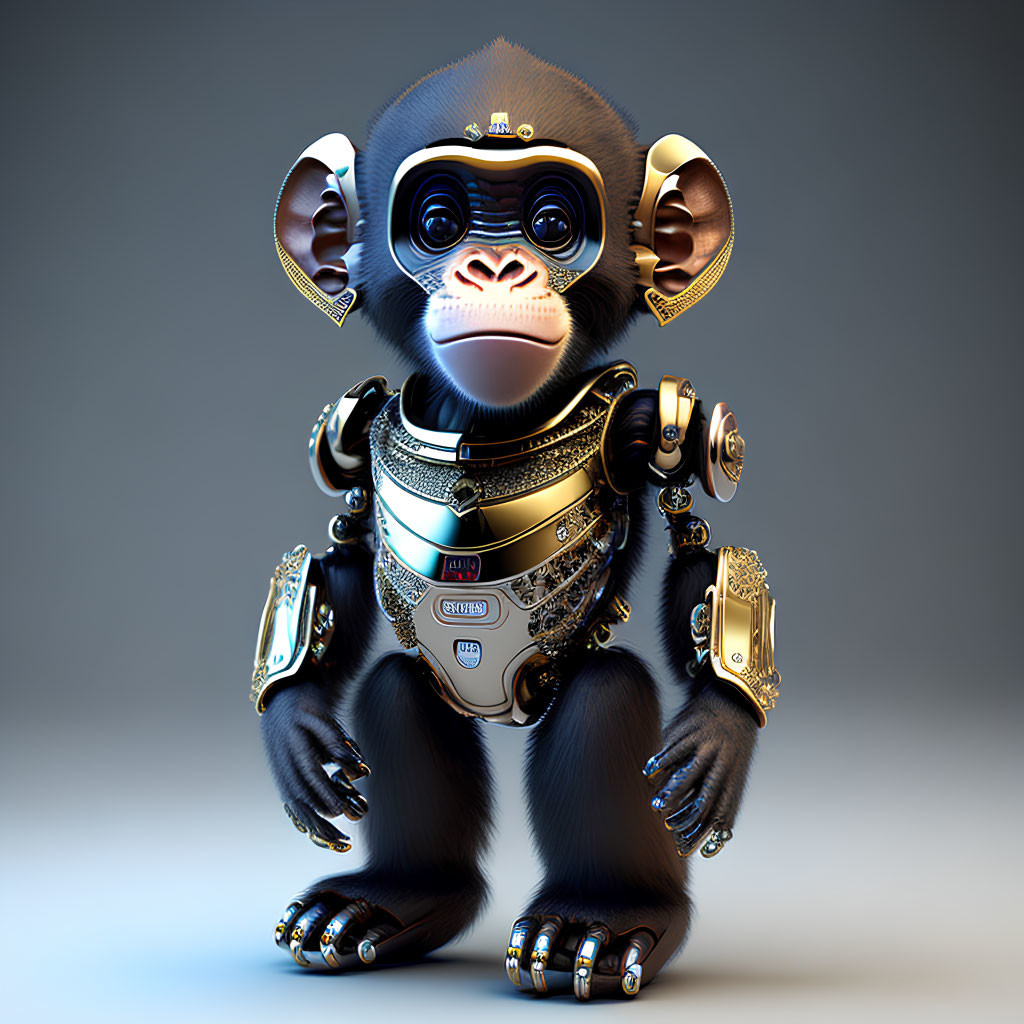 Detailed digital artwork: robotic chimpanzee with mechanical body and expressive eyes on grey background