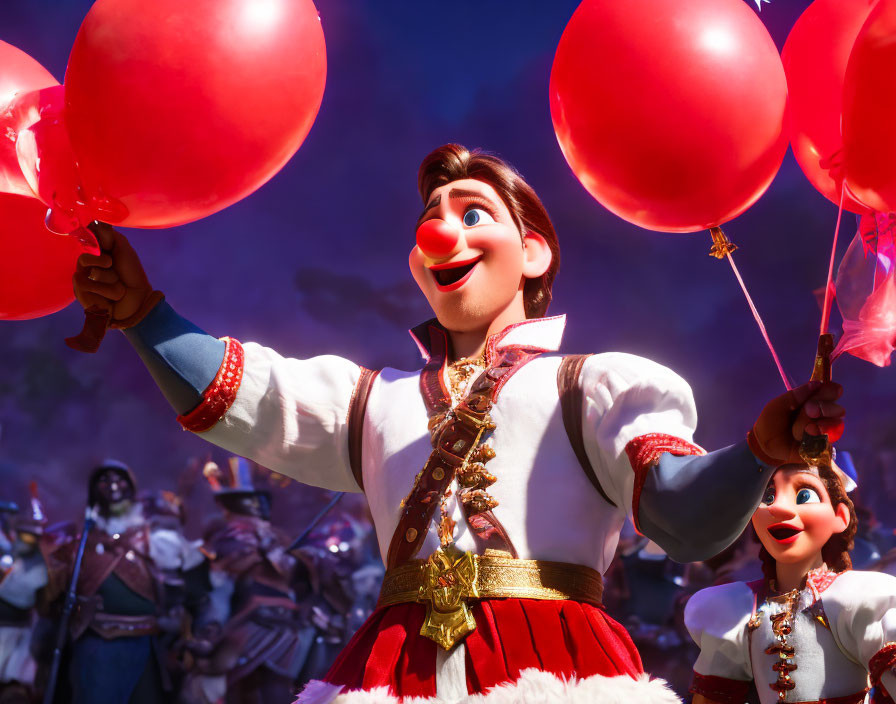 Colorful animated character with red balloons in parade under blue sky