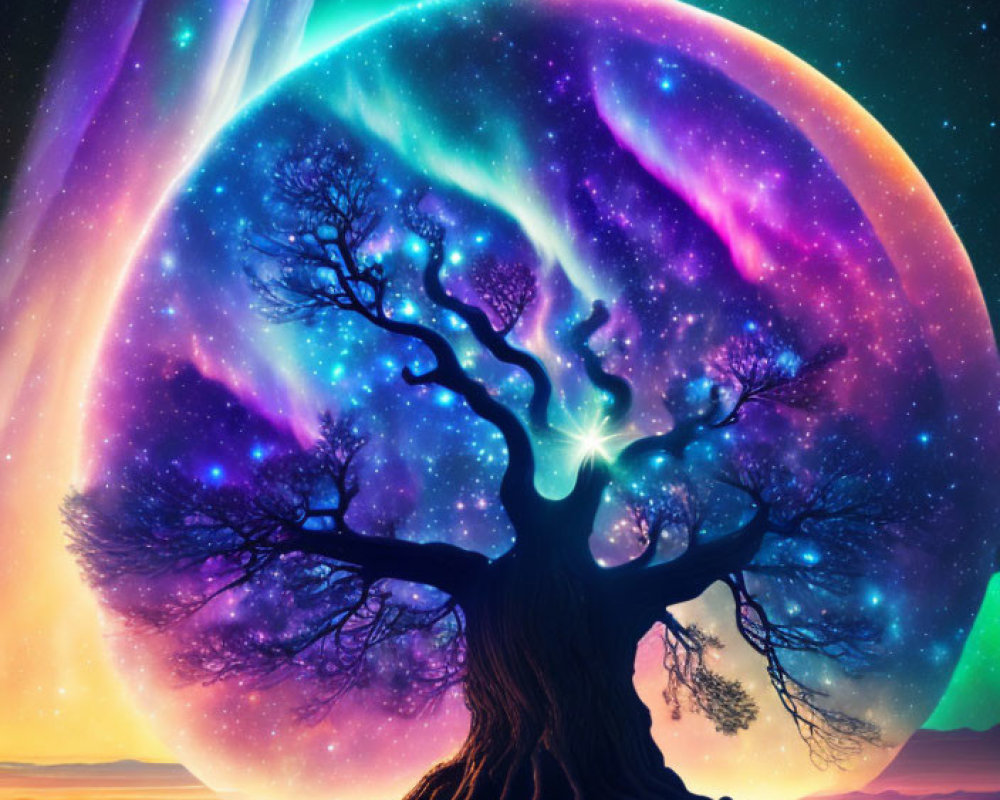 Solitary tree against vibrant cosmic backdrop with swirling auroras