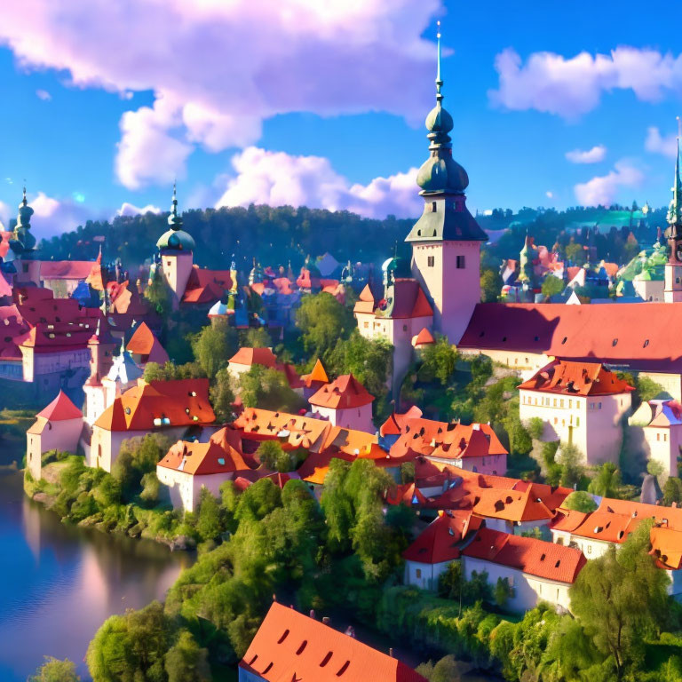 Picturesque fairy-tale town with red-roofed houses and spires by a river