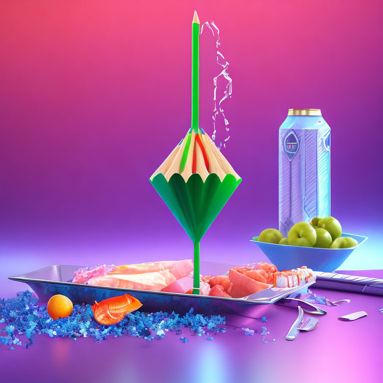 Vibrant conceptual image of pencil umbrella with can, fruits, and splashing liquid on reflective surface