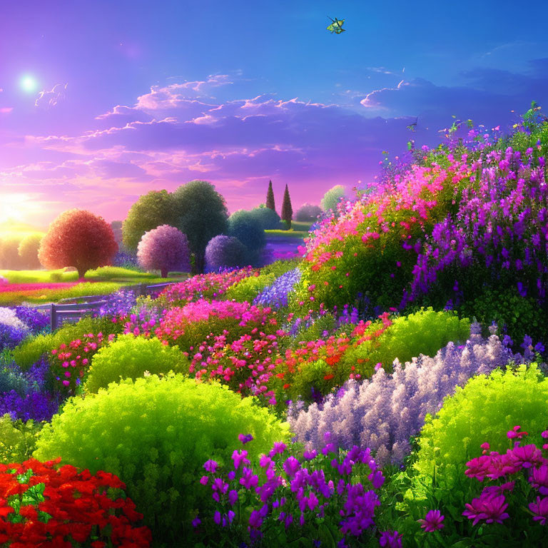 Colorful Flower Garden Path under Purple Sunset Sky with Butterfly