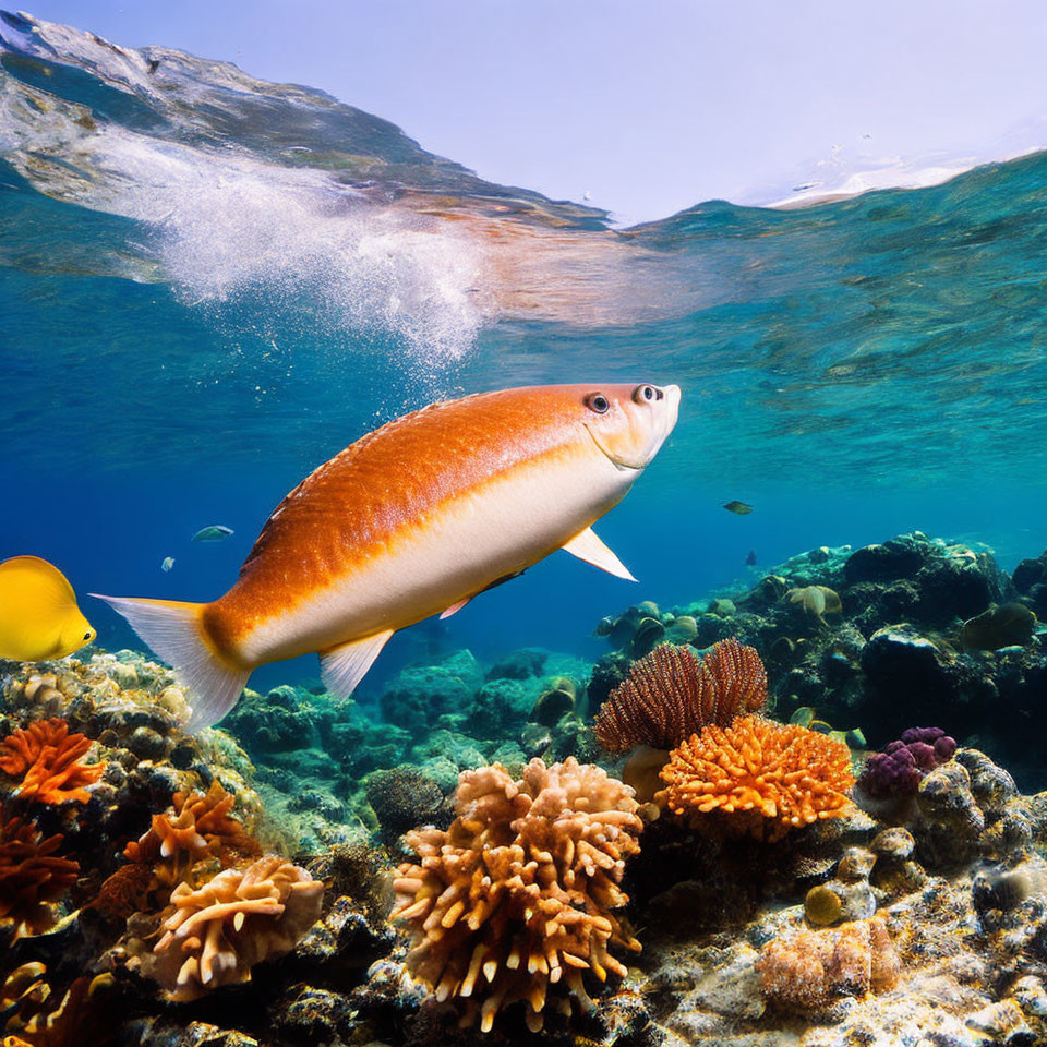 Colorful Fish Swimming in Sunlit Underwater Coral Reef