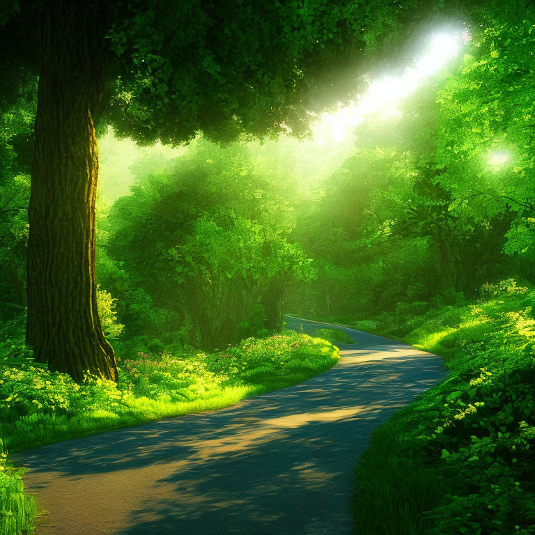 Sunlit Forest Path Through Lush Greenery
