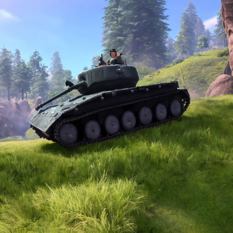 Military tank with soldier in grassy landscape against trees and rocks