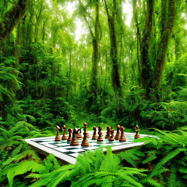 Chessboard with pawns in lush green forest setting