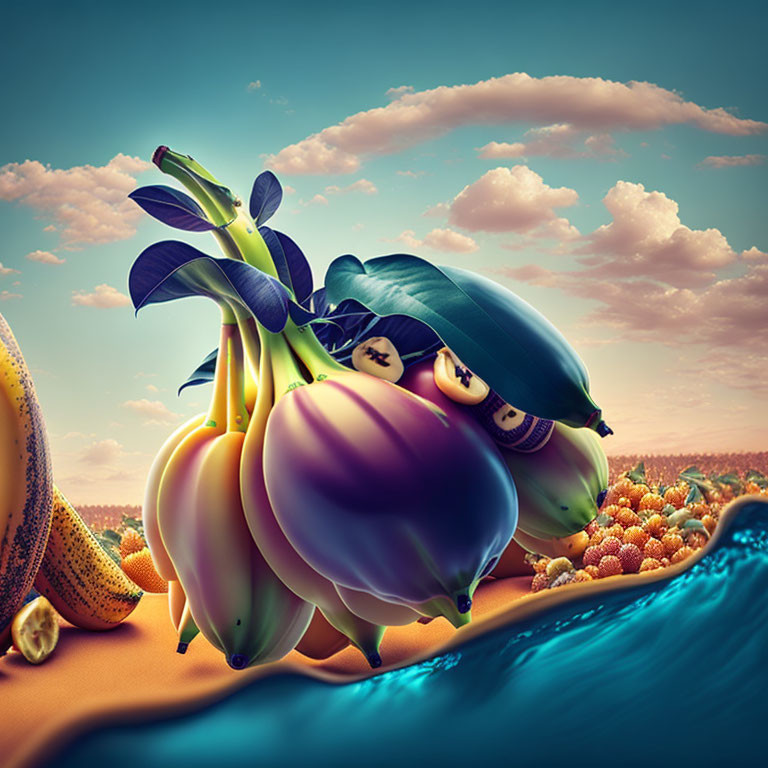 Anthropomorphic Fruit Illustration with Banana Dolphins and Eggplant Whale