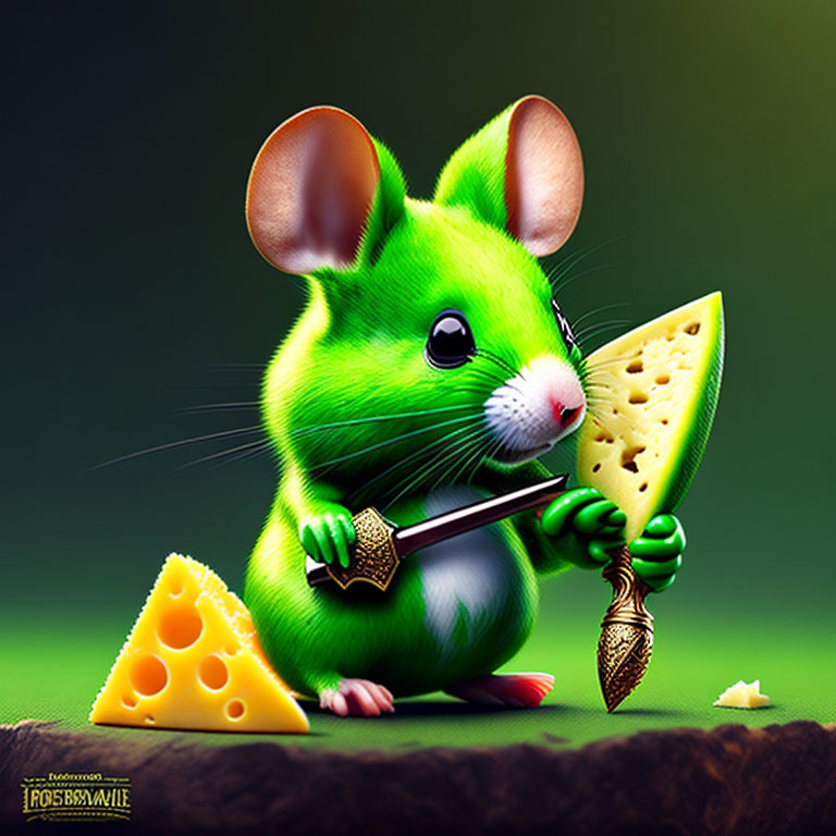 Colorful Anthropomorphic Green Mouse with Cheese and Spear on Rock