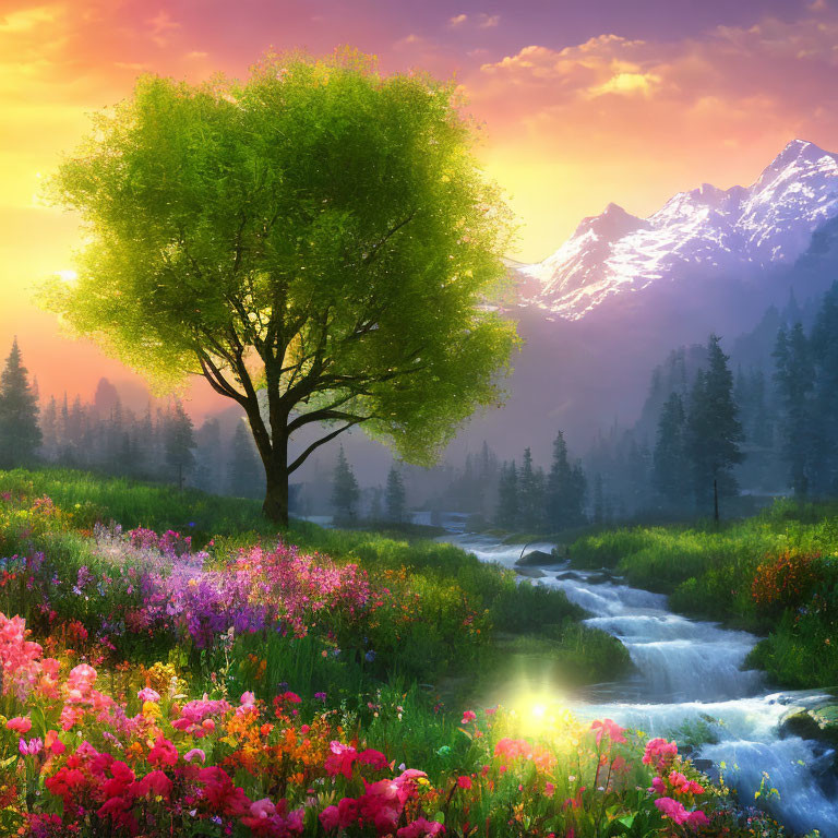 Colorful landscape with lone tree, flowers, stream, mountains