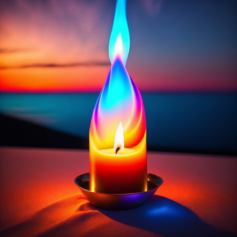 Colorful Candle Flame Against Ocean Sunset Sky