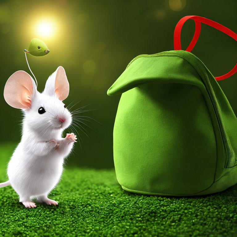 White Mouse and Bird with Leaf Next to Green Backpack