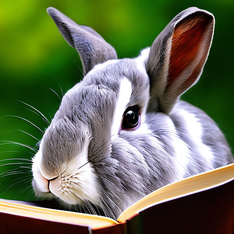 Gray and White Rabbit Reading Open Book on Green Background