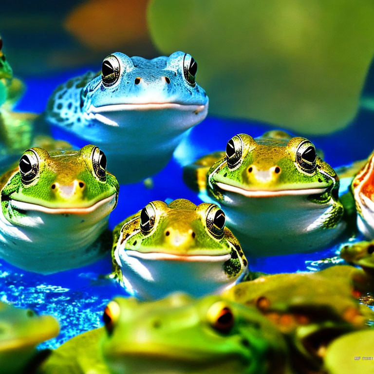 Colorful Frogs Floating on Water: Prominent Blue Frog with Green Peers