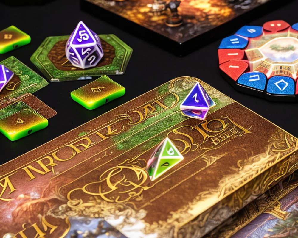 Colorful Cards, Dice, Tokens & Miniatures for Fantasy Tabletop Game