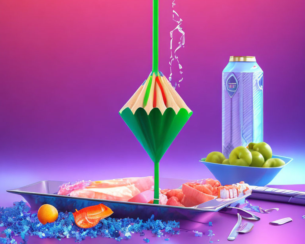 Vibrant conceptual image of pencil umbrella with can, fruits, and splashing liquid on reflective surface