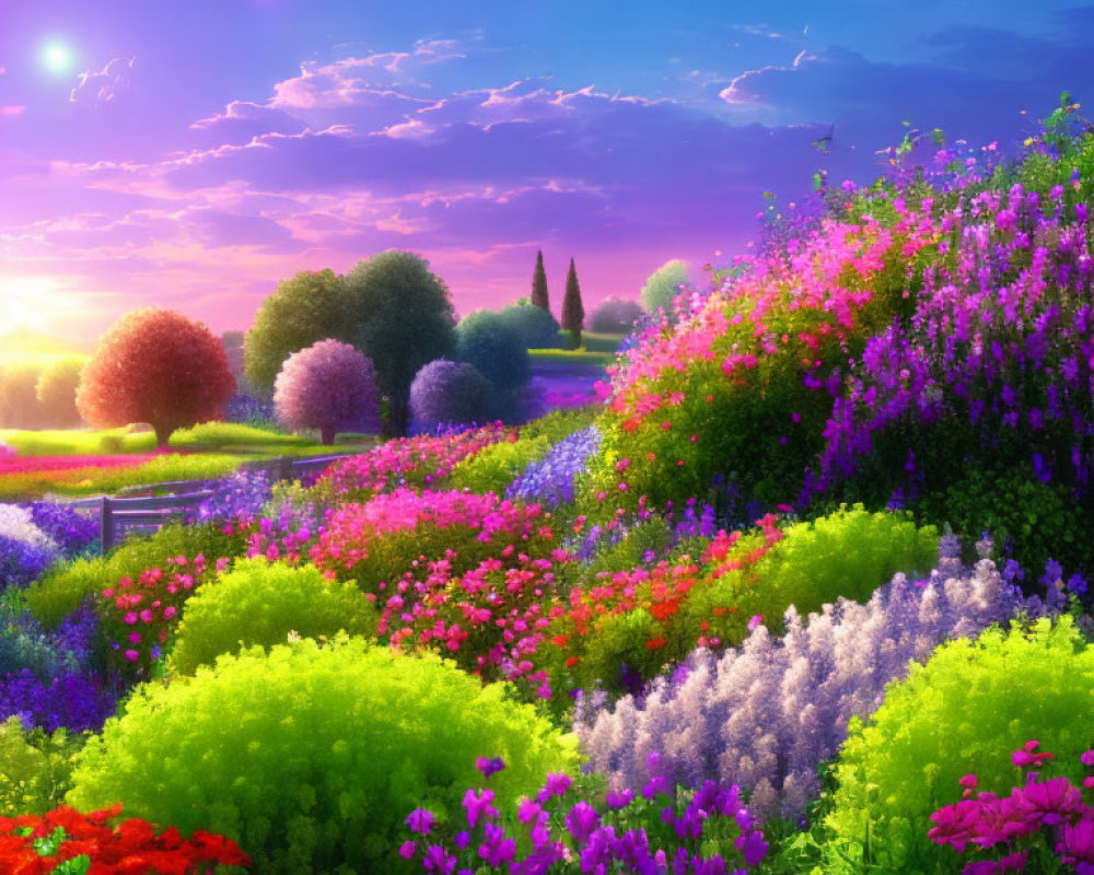 Colorful Flower Garden Path under Purple Sunset Sky with Butterfly