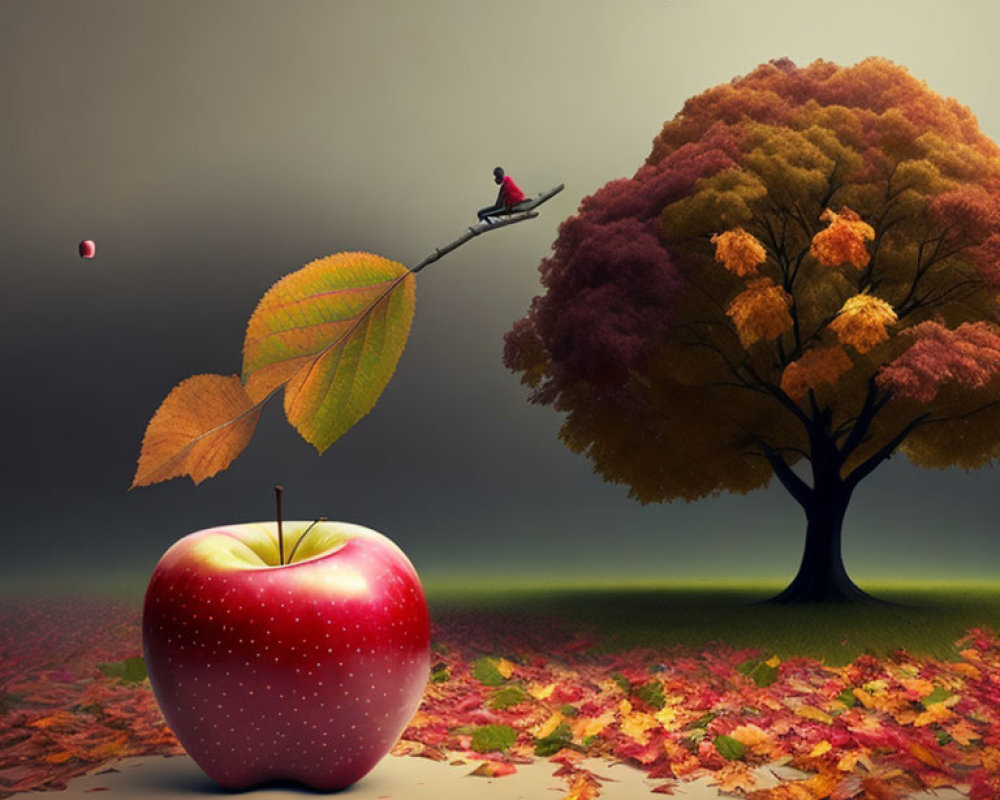 Large red apple with figure on twig in autumn scene.