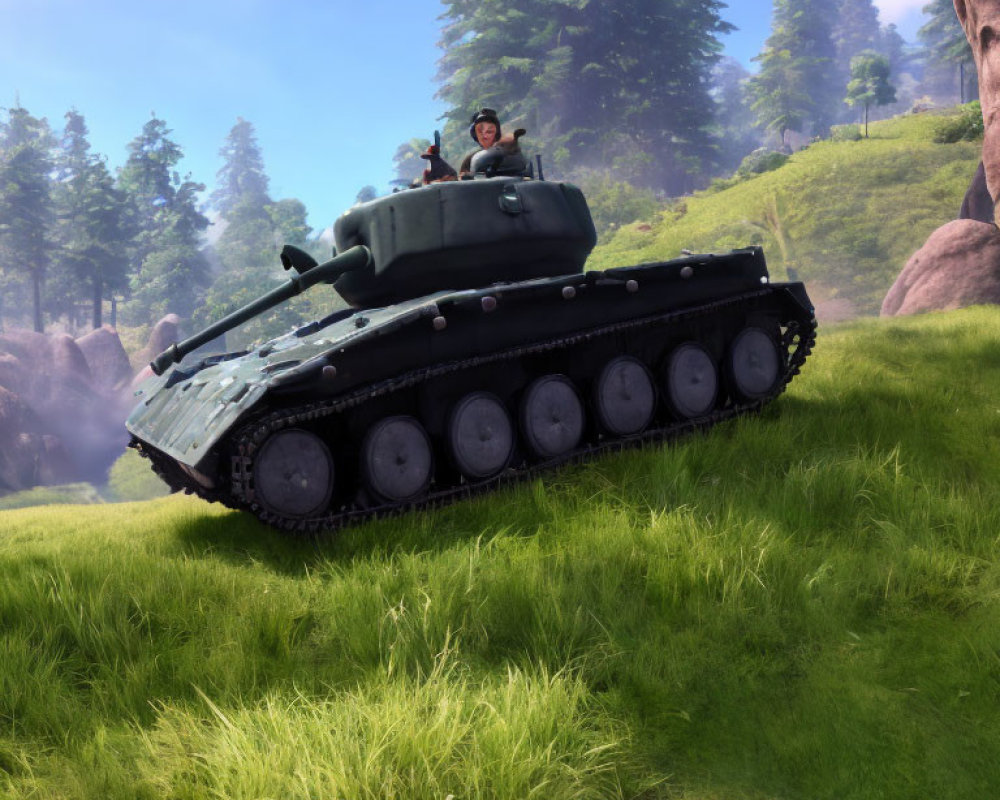 Military tank with soldier in grassy landscape against trees and rocks