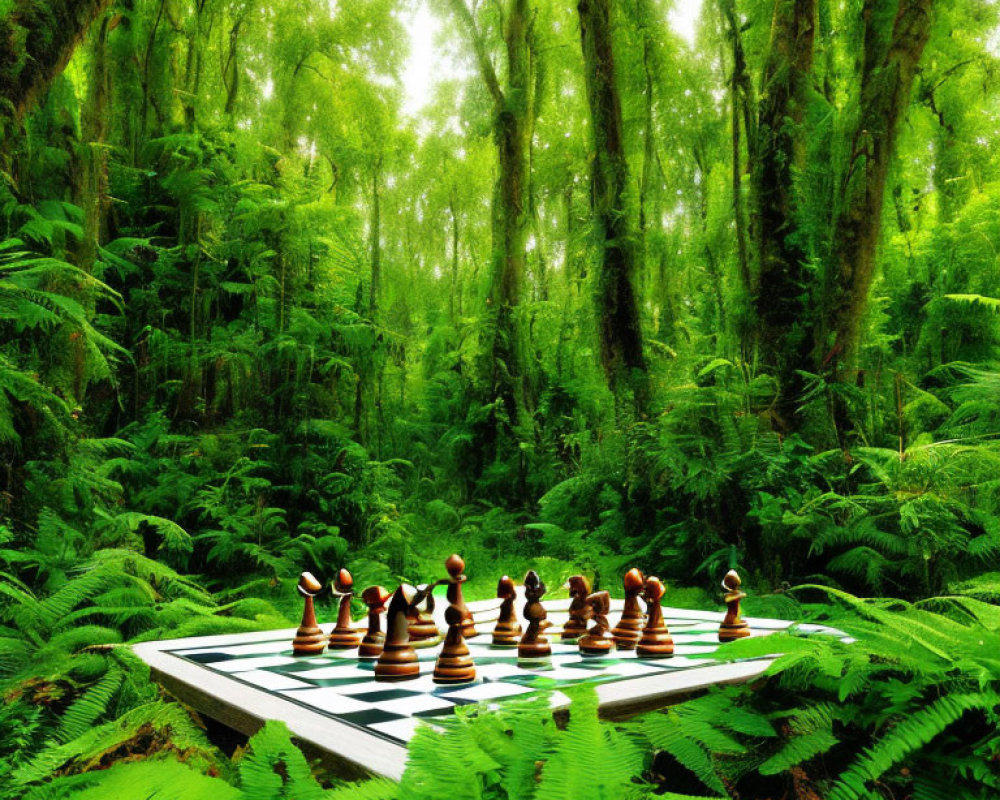 Chessboard with pawns in lush green forest setting