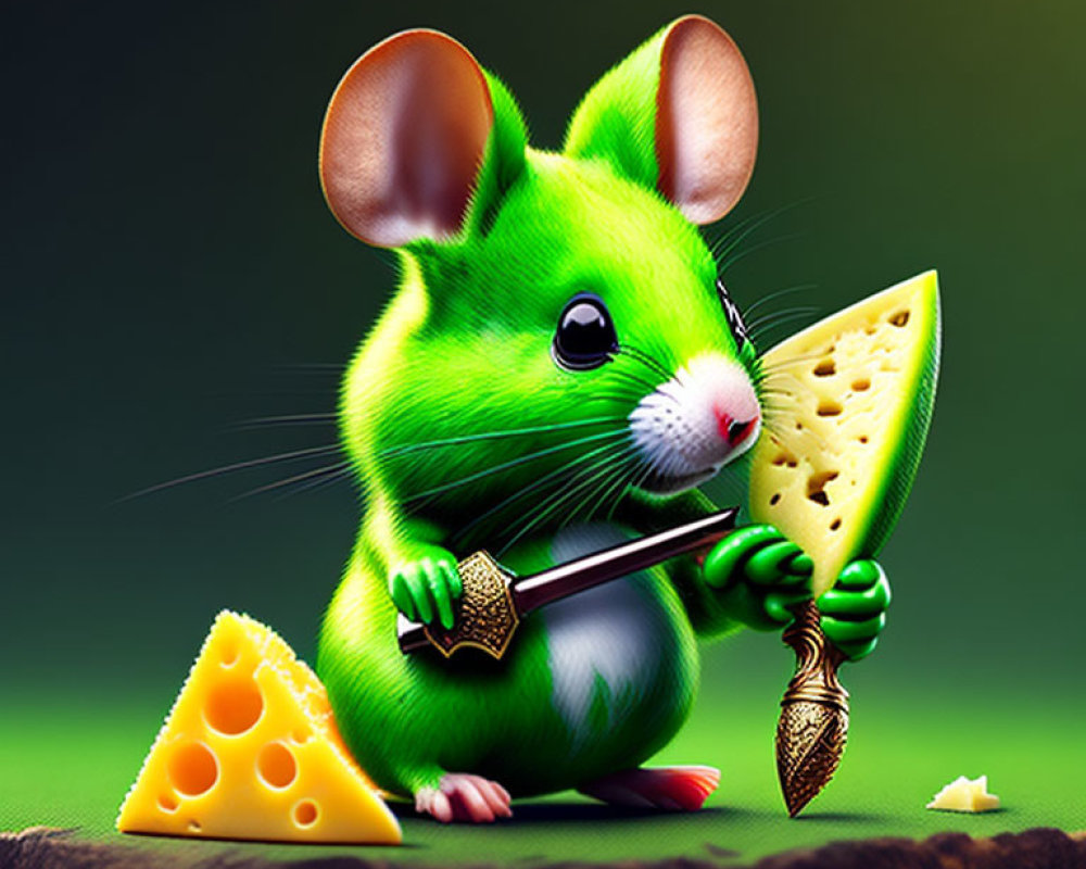 Colorful Anthropomorphic Green Mouse with Cheese and Spear on Rock