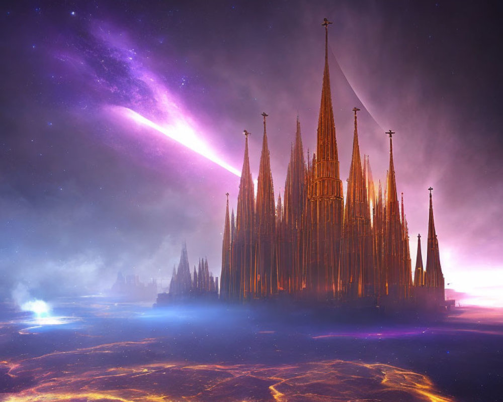 Fantastical cathedral in cosmic setting with glowing nebulae and vivid colors