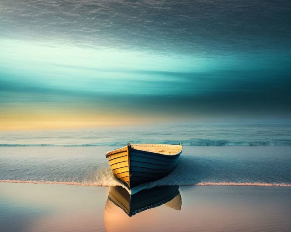 Solitary Boat Reflecting on Calm Waters Under Gradient Sky