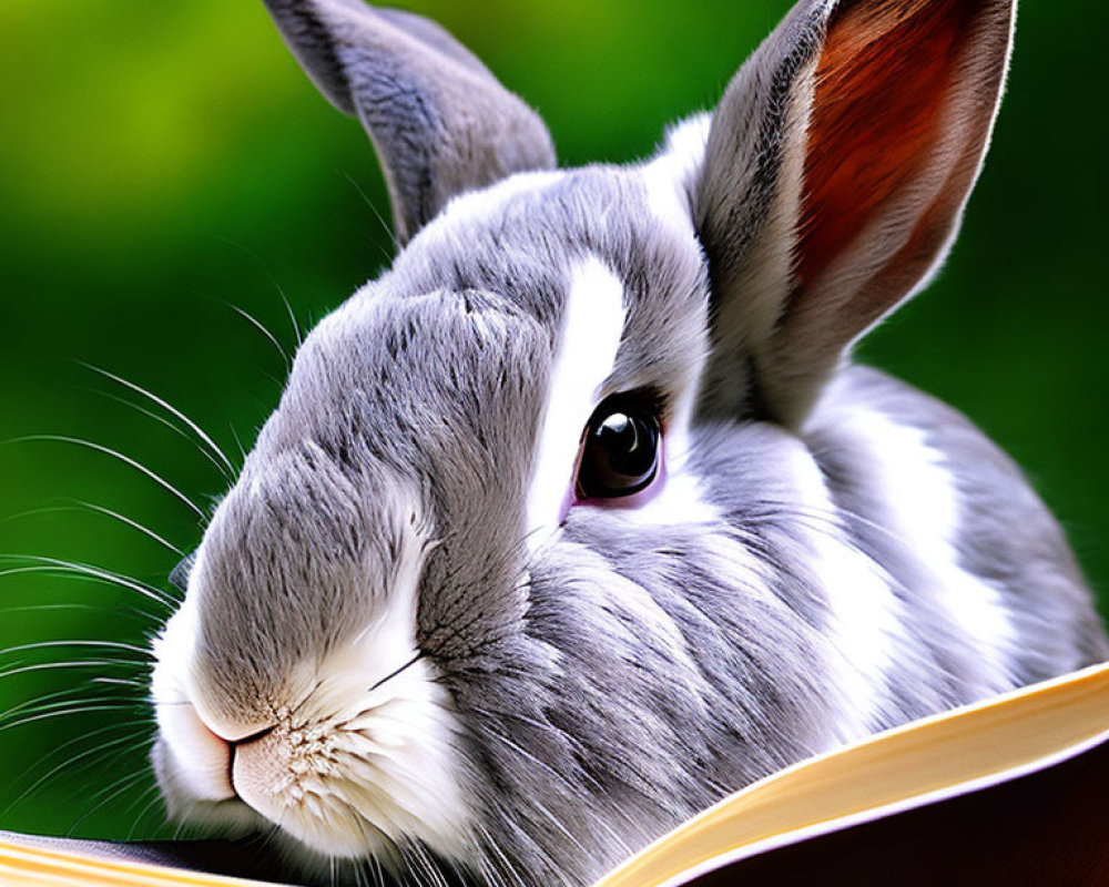 Gray and White Rabbit Reading Open Book on Green Background
